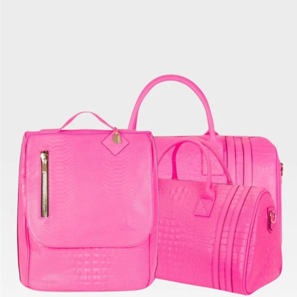 Women's Hot Pink Travel Bag Set - Croc-Embossed Carryall and Tote